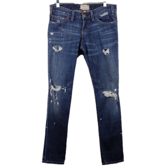Current/elliott The Skinny Blue Dark Wash Five Pocket Low Rise Distressed Jeans - Picture 1 of 15